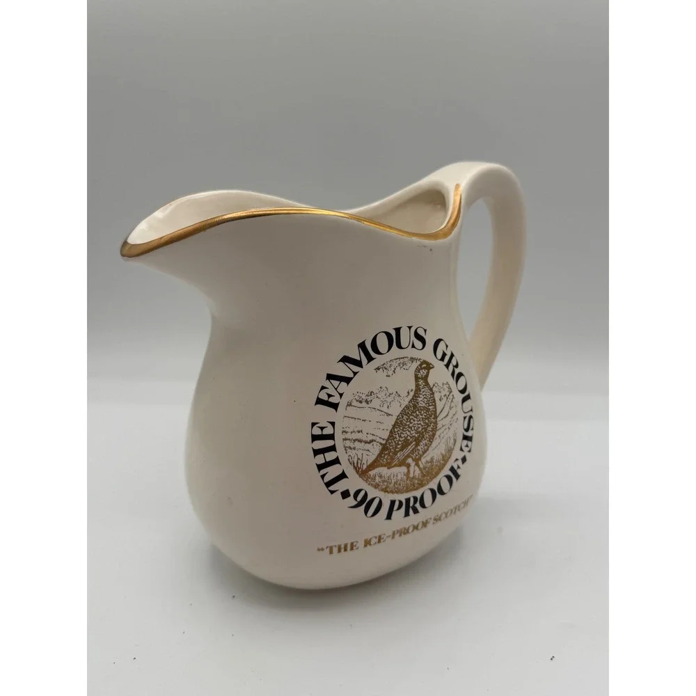 Vintage 1976 The Famous Grouse Scotch Whisky Pitcher Ceramic Barware Gold Rim